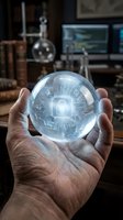 Scientist holding glowing crystal sphere with digital lock and circuit board patterns, representing cybersecurity, data protection, and technological innovation in laboratory setting.