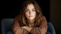 Young Caucasian woman with wavy brown hair and natural makeup wearing cozy brown sweater looking at camera while sitting in dark armchair, moody atmospheric portrait.