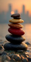 Balanced stack of colorful zen stones on pebble beach at sunset with blurred city skyline creating peaceful meditation and mindfulness concept for wellness.