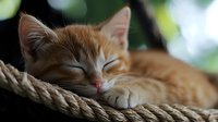 Sleeping ginger kitten resting peacefully on thick rope. Close-up view captures soft fur texture and relaxed expression against blurred natural background.