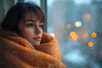 Young woman wrapped in cozy orange blanket gazing thoughtfully through window on snowy winter evening with bokeh lights creating dreamy atmosphere.