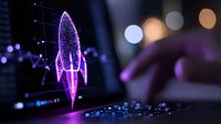 Glowing purple wireframe rocket hologram projection on dark computer screen with bokeh lights and keyboard in foreground, digital startup concept.