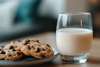Fresh chocolate chip cookies on blue plate with glass of cold milk, shallow depth of field creating cozy nostalgic mood for comfort food photography.