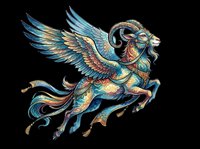 Ornate winged ram with decorative gold and blue patterns, isolated on transparent background. Ready for t-shirt design, clipart, stickers, sublimation, and print-on-demand products.