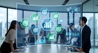 Business professionals analyzing financial data on interactive digital display with growth charts and global analytics in modern office environment.