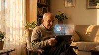 Senior Caucasian man using tablet with holographic interface in cozy living room. Modern technology meets comfortable home environment for digital lifestyle.