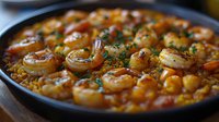 Spicy shrimp and corn chowder in cast iron pan garnished with fresh herbs, featuring plump seafood, vegetables, and creamy broth for restaurant menu presentation.