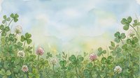 Watercolor clover field with blooming pink and white flowers under a soft blue sky, creating a fresh spring nature background for cards and prints.
