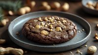 Freshly baked chocolate cookie with whole macadamia nuts and peanuts on gray ceramic plate, dark moody background with scattered nuts for food blogs.