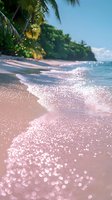 Sparkling ocean waves wash onto pink sandy beach with palm trees and lush tropical vegetation along shoreline, sunlight creating magical bokeh effect on water surface.