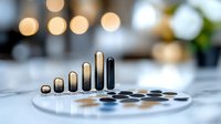 Growing bar graph made of bullets on white surface with bokeh lights in background, representing ammunition sales statistics or firearm industry growth.