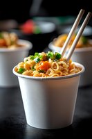 Asian noodles with vegetables and sauce in white paper takeout container, garnished with fresh green onions, served with wooden chopsticks on dark background.
