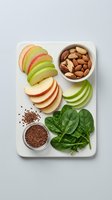 Healthy snack platter with sliced apples, mixed nuts, flax seeds and fresh spinach leaves arranged on white cutting board for nutritious eating.