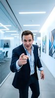 Confident businessman pointing finger at camera in modern office corridor wearing dark suit and light blue shirt for corporate communication concepts.