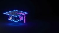 Neon graduation cap glowing with blue and purple lights on dark background for education and achievement concepts.