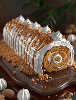 Pumpkin roll cake with cream cheese frosting, caramel drizzle and crushed toffee pieces on dark wooden board, decorated with meringue kisses and nuts.