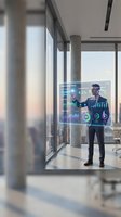 Businessman in suit interacting with futuristic holographic data dashboard in modern high-rise office with city skyline view.