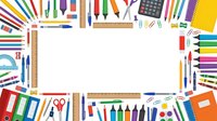 Colorful school and office supplies arranged in frame around blank white space. Markers, pens, pencils, rulers, scissors, notebooks and stationery on white background for design projects.