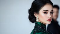 Young Asian woman in emerald green sequin dress and elegant updo hairstyle wearing crystal earrings against light background, glamorous evening makeup look.
