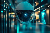 Modern security camera dome in dark corridor with blue neon lighting and bokeh effects creates futuristic surveillance atmosphere for safety monitoring.