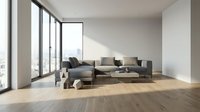 Modern living room with gray sectional sofa, wooden flooring, and floor-to-ceiling windows. Minimalist interior design for home decor and furniture showcase.