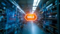 Glowing orange sale sign in futuristic digital tunnel with data visualization elements and blue technology background creates dynamic retail atmosphere.