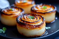 Golden puff pastry rose-shaped rolls with caramelized glaze and fresh herbs on dark plate. Elegant bakery desserts for gourmet cooking and culinary presentations.