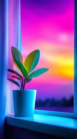 Tropical plant in blue pot on windowsill with vibrant neon sunset gradient background creating modern indoor garden atmosphere for home decor and wellness concepts.
