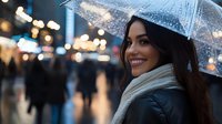 Young woman with bright smile holding transparent umbrella in rain at night, city lights and people in background create atmospheric urban scene.
