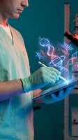Medical professional using tablet with holographic DNA strands in modern laboratory for genetic research and biotechnology applications.