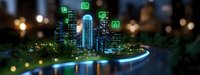 Futuristic cityscape with neon green and blue illuminated skyscrapers reflecting in curved river at night, social media icons floating above buildings creating smart city atmosphere.