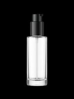 Clear glass pump bottle with black dispenser, isolated on transparent background. Ready for cosmetic branding, mockups, stickers, print on demand, and T-shirt design use.