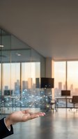Close-up of businessman's hand displaying digital network overlay with connected nodes and data icons above modern office workspace with city skyline view through windows.