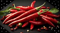 Fresh red chili peppers with water drops on dark background, vibrant spicy ingredients with green leaves and scattered peppercorns for cooking.