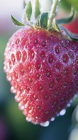 Fresh strawberry with water drops and morning dew in macro photography, showing detailed texture on red ripe fruit against soft blurred background.