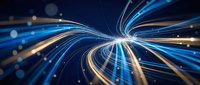 Abstract blue and orange light trails creating dynamic motion blur effect with glowing particles on dark background for technology and speed concepts.