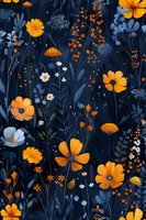 Seamless floral pattern with orange cosmos flowers and white daisies on dark blue background. Delicate wildflower meadow design with berries and leaves for fabric.
