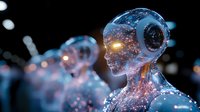 Futuristic humanoid robot head with glowing neural networks and digital circuits, artificial intelligence concept for technology presentations and sci-fi projects.
