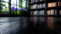 Dark wooden floor with blurred bookshelf and window background, shallow depth of field perspective view showing natural light and bokeh effect for interior design.