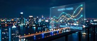 Futuristic holographic financial chart displaying growth trends and market indices floating above modern city skyline at night for business presentations.