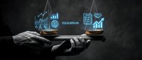 Business professional balancing financial data analytics and market equilibrium concepts with holographic technology displays on scales.