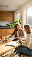 Two professional women having business meeting in modern kitchen with documents and tablet discussing financial planning or real estate consultation.