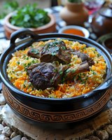 Braised lamb shanks served on saffron rice with carrots and herbs in traditional clay pot. Tender meat garnished with fresh parsley creates rich Middle Eastern dining experience.
