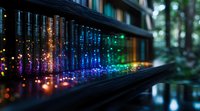 Colorful light reflections through glass bottles create rainbow spectrum bokeh effect against dark background, artistic macro photography for ambient mood setting.