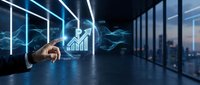 Businessman touching digital growth chart in modern office with city skyline, representing financial analysis, data visualization, and business strategy development.