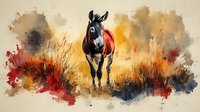 Artistic watercolor donkey standing in autumn field with red and golden grass against dramatic sky background. Rustic farm animal artwork in warm colors.