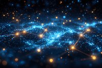 Glowing blue cosmic nebula with bright orange stars scattered across dark space background creates mystical galaxy atmosphere for astronomy designs.