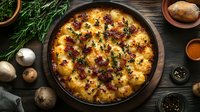Homemade potato gratin with melted cheese, crispy bacon bits and fresh herbs served in cast iron pan on rustic wooden table with mushrooms and seasonings.