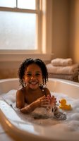 Happy African American girl enjoying bubble bath with rubber duck toy in warm sunlit bathroom for family lifestyle content.