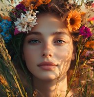 Young Caucasian woman with blue eyes and floral crown surrounded by wildflowers in golden sunlight, natural beauty portrait.